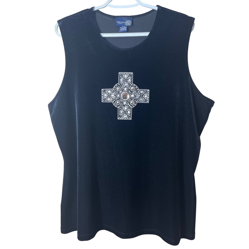 Vtg Venezia Black Velvet Celtic Cross Rhinestone Top 18/20 Goth Y2K Whimsygoth